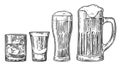 Set glass beer, whiskey, tequila, cognac. Vector engraved