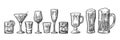 Set glass beer, whiskey, wine, tequila, cognac, champagne, cocktails, grog. Royalty Free Stock Photo