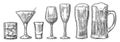 Set glass beer, whiskey, wine, tequila, cognac, champagne, cocktails Vector engraved vintage illustration isolated on white