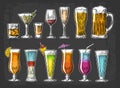 Set glass beer, whiskey, wine, tequila, cognac, champagne, cocktails. Royalty Free Stock Photo