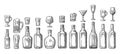 Set glass and bottle beer, whiskey, wine, gin, rum, tequila, champagne, cocktail Royalty Free Stock Photo