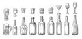 Set glass and bottle beer, whiskey, wine, gin, rum, tequila, cocktail Royalty Free Stock Photo