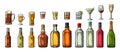 Set glass and bottle beer, whiskey, wine, gin, rum, tequila, cognac, champagne, cocktail, grog. Royalty Free Stock Photo