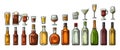 Set glass and bottle beer, whiskey, wine, gin, rum, tequila, cognac, champagne, cocktail, grog. Royalty Free Stock Photo