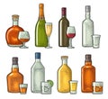 Set glass and bottle whiskey, wine, tequila, cognac, champagne. Vector engraving