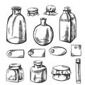 Set of glass bottles, flasks and labels. Pencil sketch with hatching. Natural pharmacy. Capacities for medicines and natural