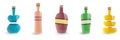 Set of glass bottles isolated on a white background. Bottles for wine and various drinks. Illustration in cartoon style. Wooden Royalty Free Stock Photo