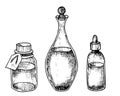 Set of Glass Bottles and transparent Carafe. Hand drawn vector illustration of Decanter and Flacons for Spa or medicine