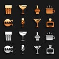 Set Glass of champagne, Coffee cup, Whiskey bottle, Martini glass, Street signboard with Bar, Wooden cork for wine Royalty Free Stock Photo