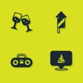 Set Glass of champagne, Slice pizza, Home stereo with two speakers and Firework rocket icon. Vector