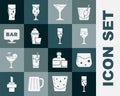 Set Glass of champagne, whiskey, Martini glass, Cocktail shaker, Alcohol bar location, beer and icon. Vector Royalty Free Stock Photo