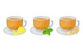 Set of glass cups with saucers with herbal tea inside and lemon slice, mint, ginger vector illustration Royalty Free Stock Photo