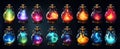 Set of glass flasks containing glowing magic potions of different colors, over dark background. Generative AI illustrations