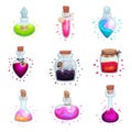 Set of glass flasks with potions. Vector illustration on a white background.