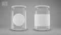 A set of glass jam jars with lids. A transparent jar with a white lid and labels. Realistic 3D illustration. Vector Royalty Free Stock Photo