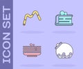 Set Glass jar with candies inside, Jelly worms candy, Stack of pancakes and Piece icon. Vector Royalty Free Stock Photo