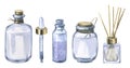 A set of glass jars for cosmetics with a stopper, pipette and aroma diffuser. Watercolor illustration. Isolated objects Royalty Free Stock Photo