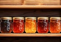 Set of glass jars with different types of fruit jam. AI generated Royalty Free Stock Photo