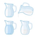 Set of glass jugs. Empty transparent jar. Glass pot with water and milk. Cartoon vector illustration