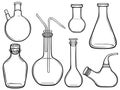 Set of glass laboratory dishes for chemical experiments.