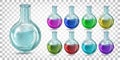 Set glass laboratory flask round bottom with colored liquid