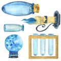 A set of glass magic items: ball, flasks