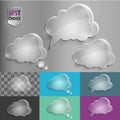 Set of glass speech bubble cloud icons with shadow on gradient background . Vector illustration EPS 10 for web.