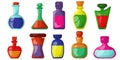 Set of glass vials and bottles with multi-colored liquid, various containers for magical decoctions or laboratory glassware for