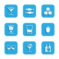 Set Glass of vodka, Cocktail, Bottles wine, Hop, cognac or brandy, Wine glass, Wooden barrels and Martini icon. Vector Royalty Free Stock Photo