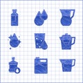 Set Glass with water, Big bottle clean, Jug glass, Water jug filter, drop, and Bottle of icon. Vector