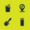 Set Glass with water, Burrito, Pizza knife and Location hotdog icon. Vector