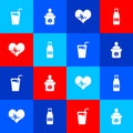 Set Glass with water, Information desk, Heart rate and bottle milk and cap icon. Vector