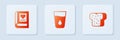Set Glass with water, Medical book and Bread toast. White square button. Vector