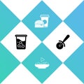 Set Glass with water, Nachos in plate, Coffee and burger and Pizza knife icon. Vector