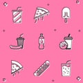 Set Glass with water, Slice of pizza, Ice cream, Soda and hotdog, Bottle, drink donut, and Hotdog sandwich icon. Vector