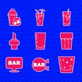 Set Glass with water, Street signboard Bar, of rum, Alcohol bar location, Wooden cork for wine, Cocktail Bloody Mary and Royalty Free Stock Photo