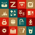 Set Glass with water, Vitamin pill, Bed, Heart rate, Fruit, Bench barbel and Blood pressure icon. Vector