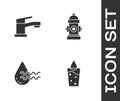 Set Glass with water, Water tap, Recycle clean aqua and Fire hydrant icon. Vector