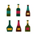 A set of glass wine bottles of different shapes and colors. Vector illustration in flat style. Isolated objects on a Royalty Free Stock Photo
