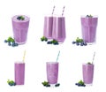 Set with glasses of blueberry smoothie, fresh berries and mint on background Royalty Free Stock Photo