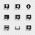 Set Glasses, Book, about physics, Ancient magic book, Microphone, User manual, Law and Holy of Koran icon. Vector