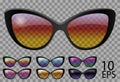 Set glasses.butterfly cat eye shape.transparent different color.sunglasses.3d graphics.rainbow chameleon  pink  blue  purple Royalty Free Stock Photo