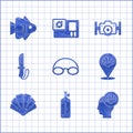 Set Glasses and cap, Aqualung, Scallop sea shell, Knife, Photo camera and Fish icon. Vector