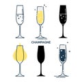 Set of glasses with champagne in different styles. Template alcohol beverage for restaurant, bar, pub. Glassware symbol party. Royalty Free Stock Photo