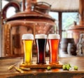 Set of glasses of different beer on wooden table and blurred copper brewing system at the background Royalty Free Stock Photo