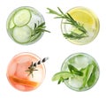 Set of glasses with different refreshing drinks on white background