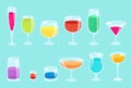 Set of glasses with drinks. Beverage glassware kit. Cocktail glasses. Horizontal banner. On a blue background.