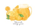 Set of glasses of fresh homemade orange juice with orange fruit composition watercolour illustration vector isolated on white