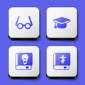 Set Glasses, Graduation cap, User manual and Holy bible book icon. White square button. Vector Royalty Free Stock Photo