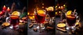 Set of glasses of mulled wine on wooden background, festive drinks. Warming drink. Glasses of hot red wine cocktail with spices,